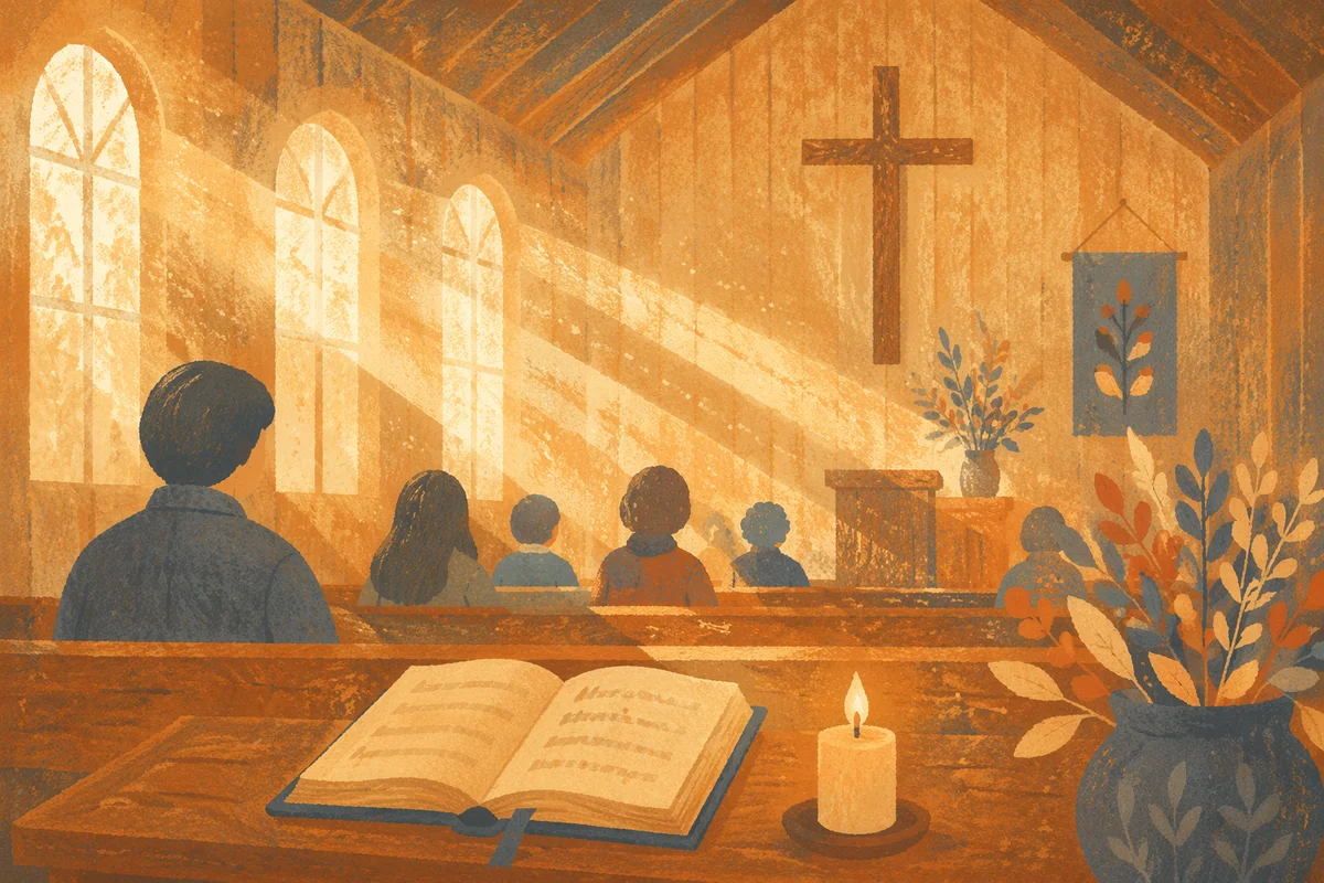 Golden Light Rays in Quiet Wooden Chapel