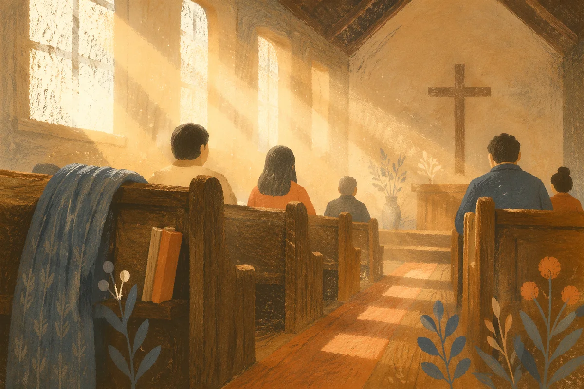 Golden Light Rays in Quiet Wooden Chapel