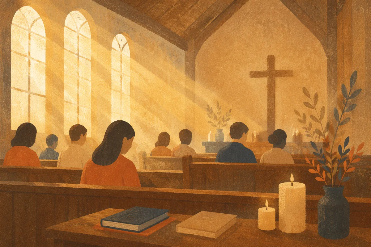 Golden Light Rays in Quiet Wooden Chapel