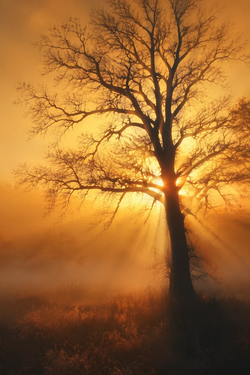 Golden Light Rays Through Bare Tree