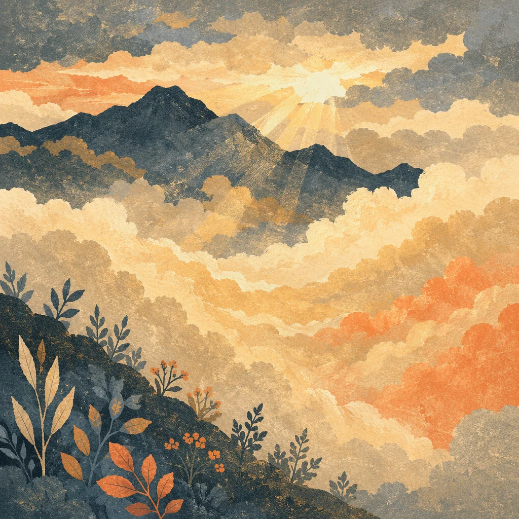 Golden Heavenly Light Through Mountain Clouds