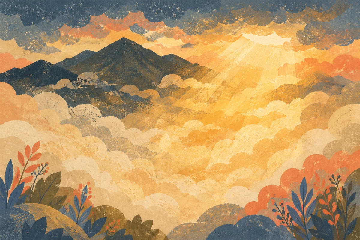Golden Heavenly Light Through Mountain Clouds