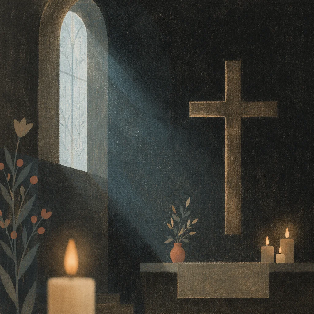 Wooden Cross in Dim Chapel Light