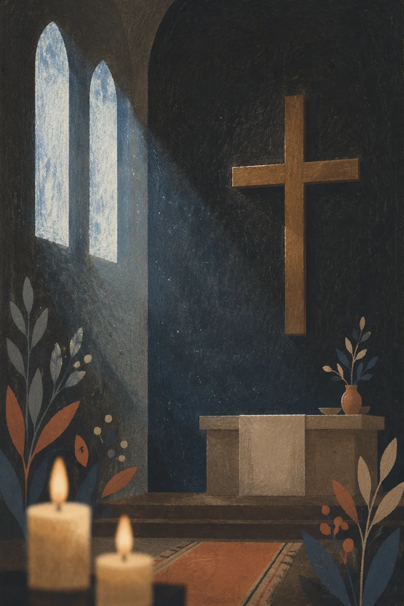 Wooden Cross in Dim Chapel Interior