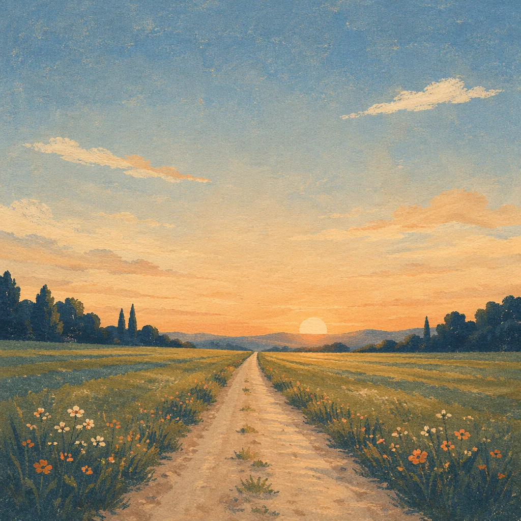 Country Lane Through Green Fields at Sunset