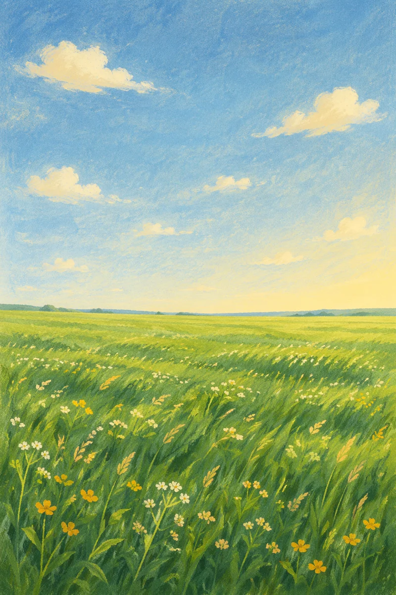 Green Meadow Horizon Under Blue Sky