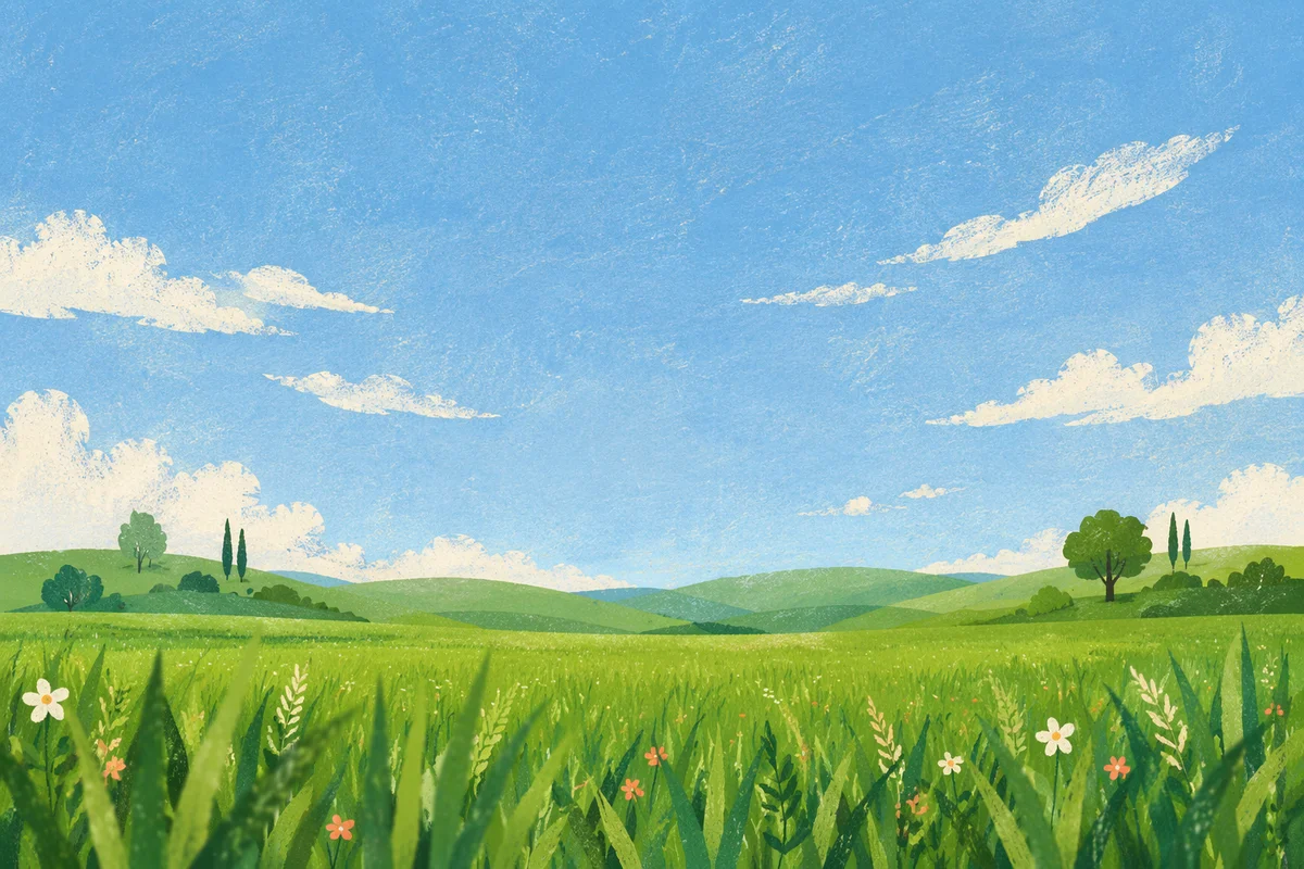 Green Meadow Horizon Under Clear Blue Sky