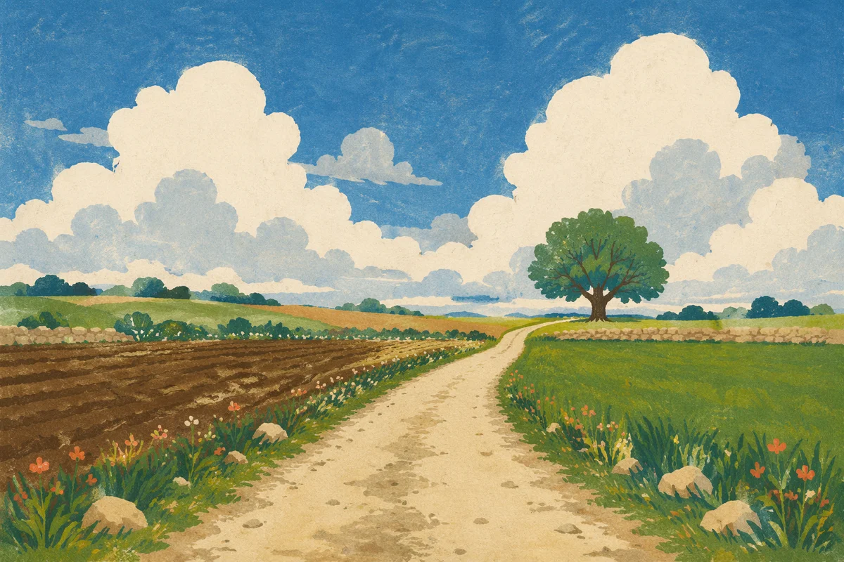 Country Road Across Green Field Horizon