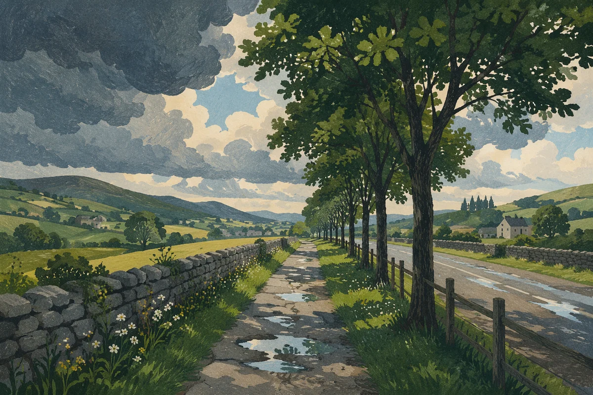 Green Field Path Beneath Stormy Blue Sky