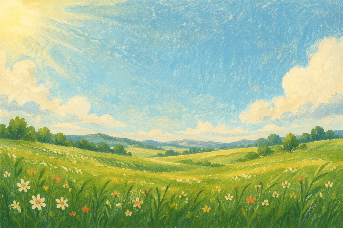 Green Meadow Horizon Under Blue Sky