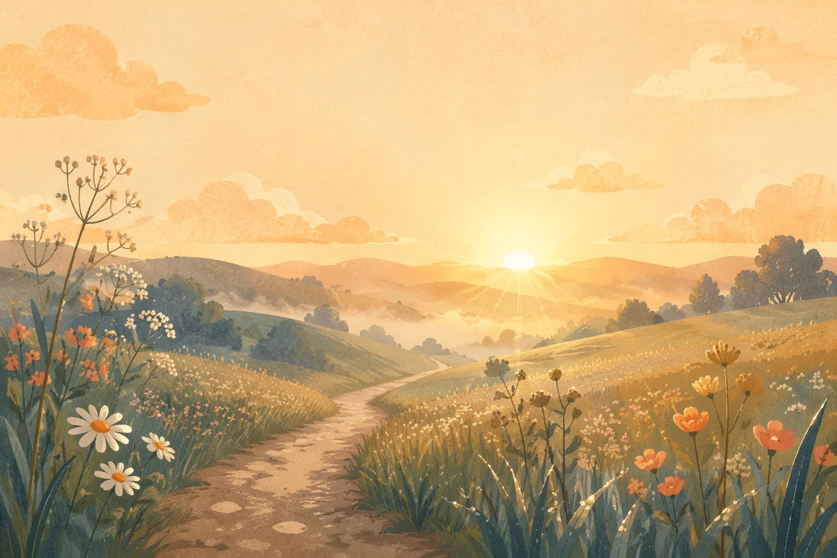Hopeful Sunrise Path Through Meadow Hills