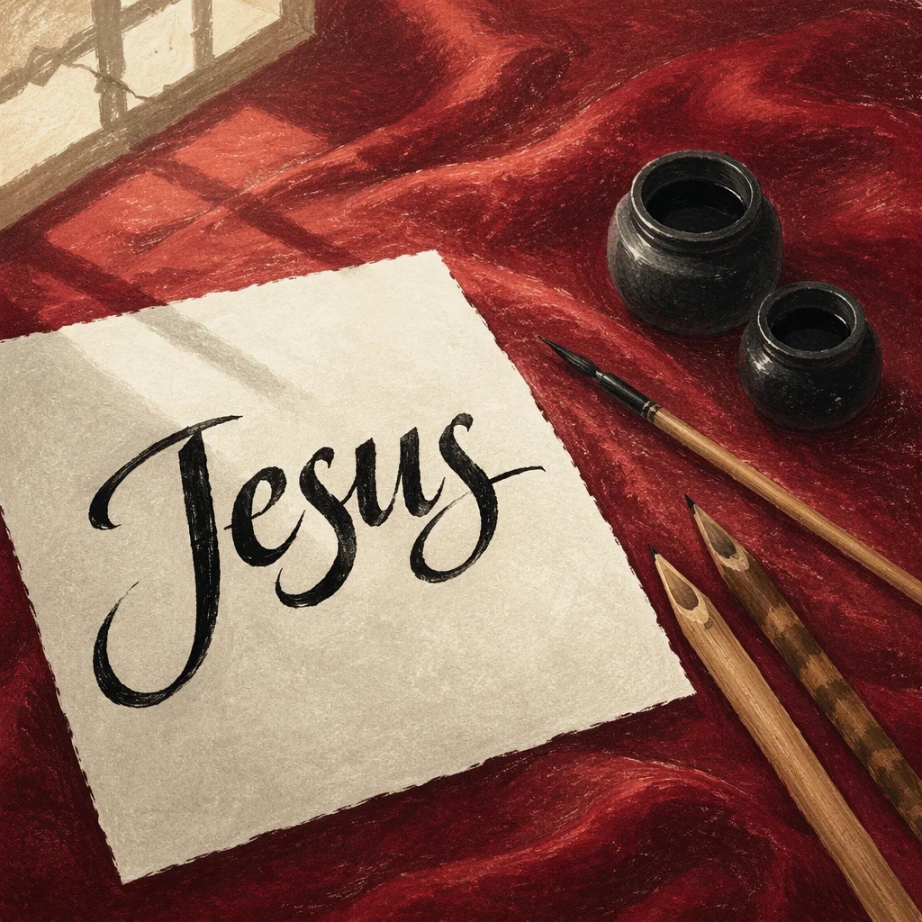 Elegant Jesus Calligraphy on Crimson Satin