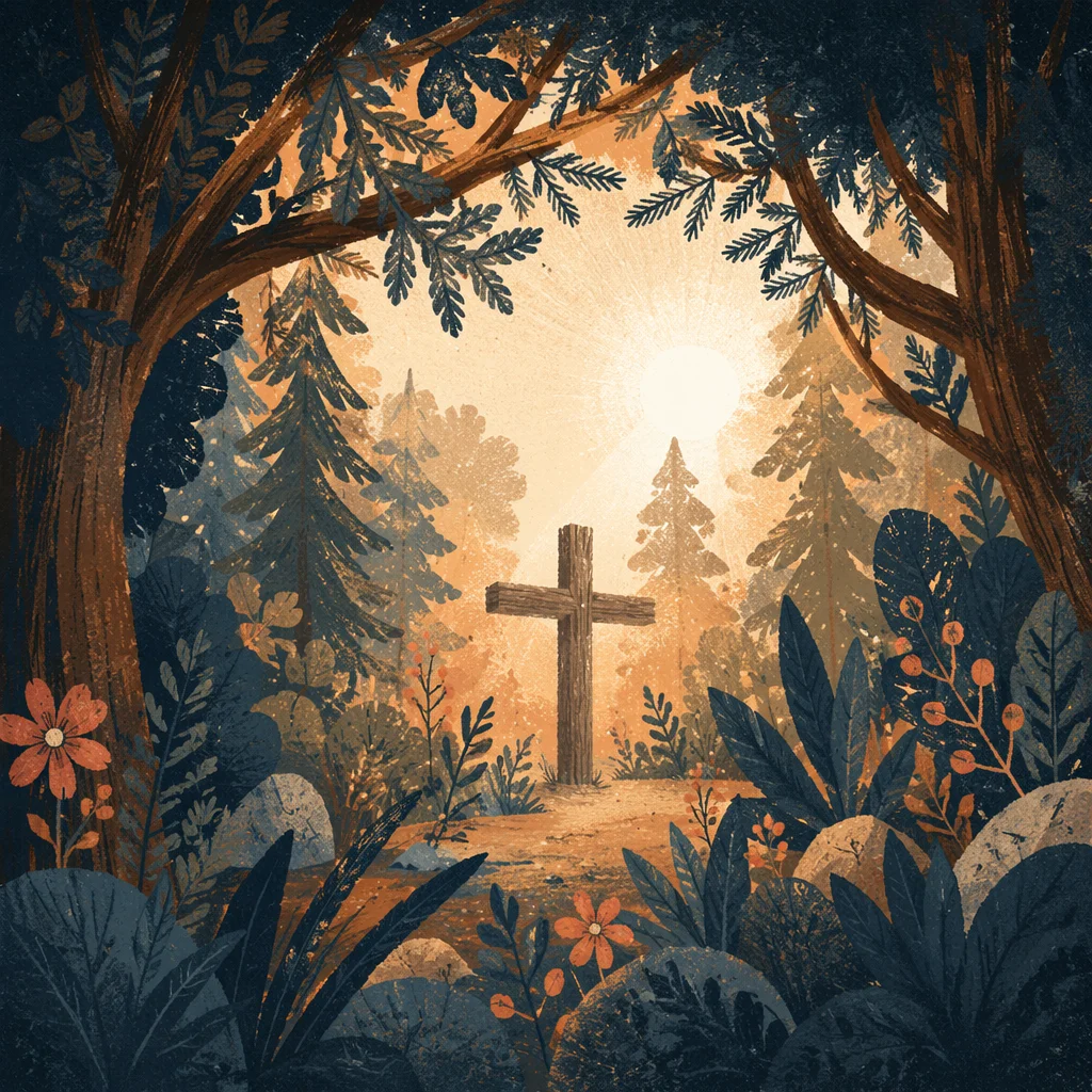 Woodland Cross with Hopeful Light Background