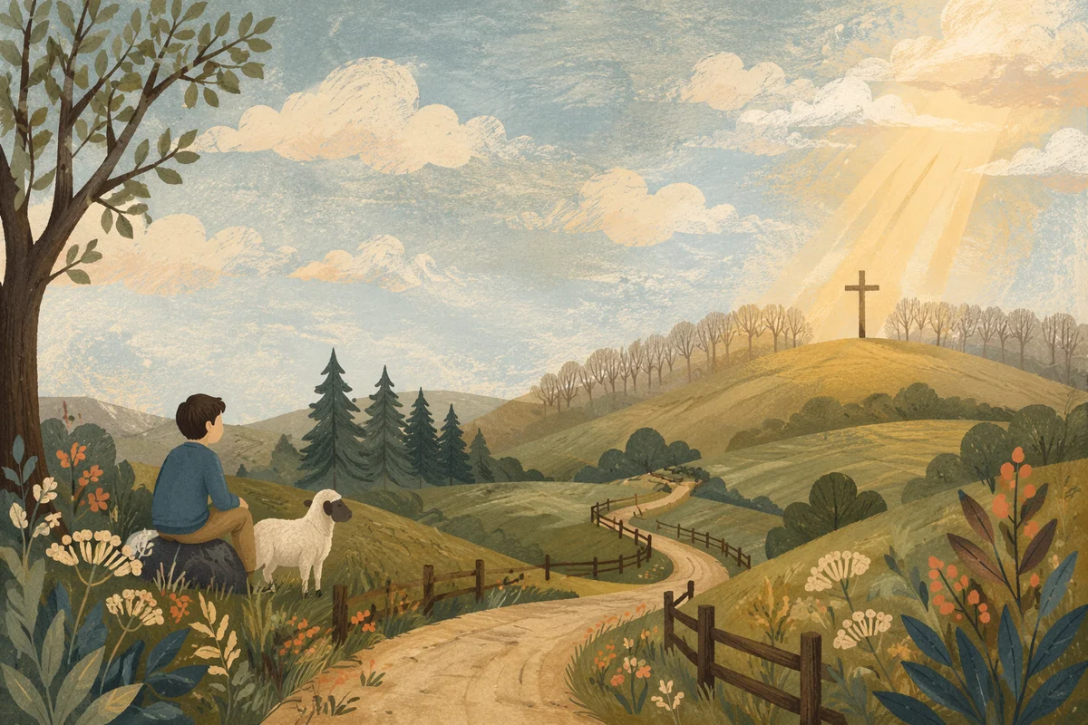 Wooden Cross in Pastoral Light Landscape