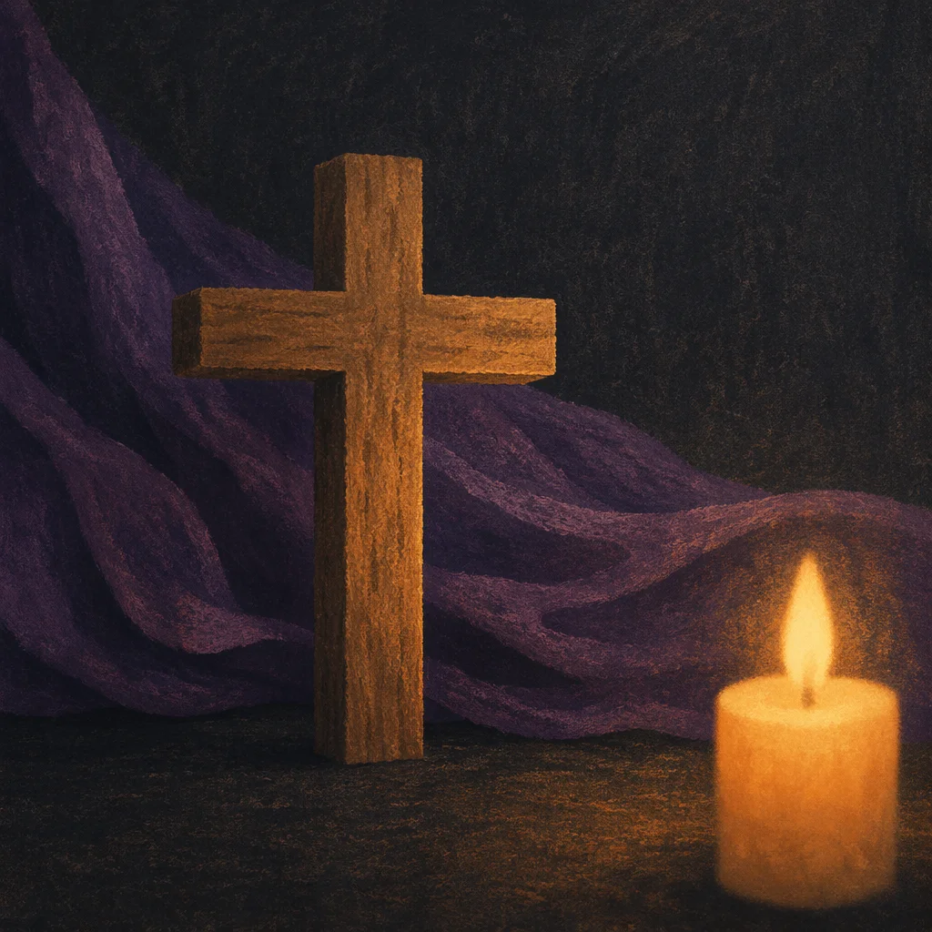 Wooden Cross with Purple Draped Background