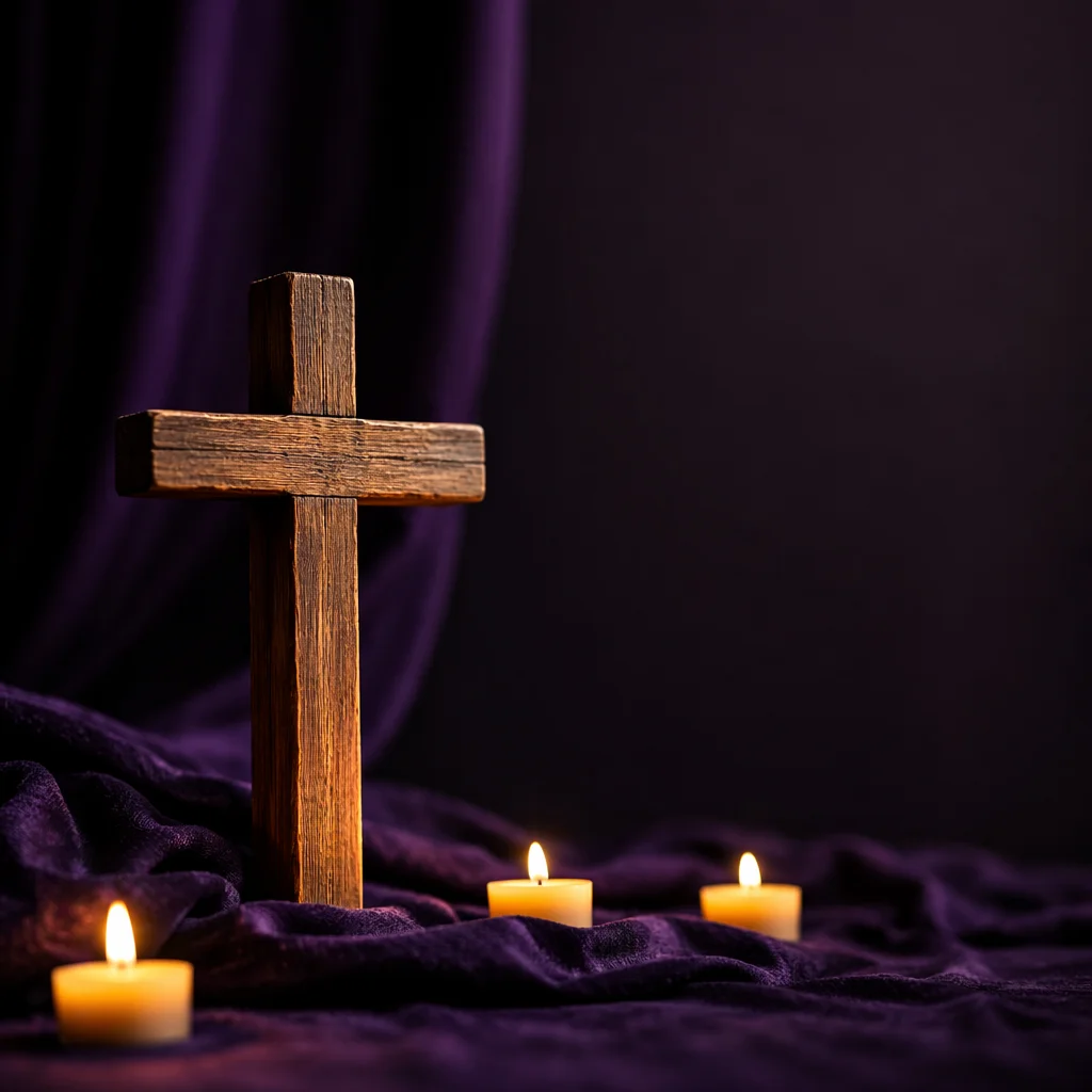 Wooden Cross on Dark Purple Drapery