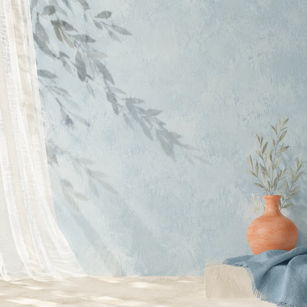 Soft Blue Limewash Wall With Morning Light