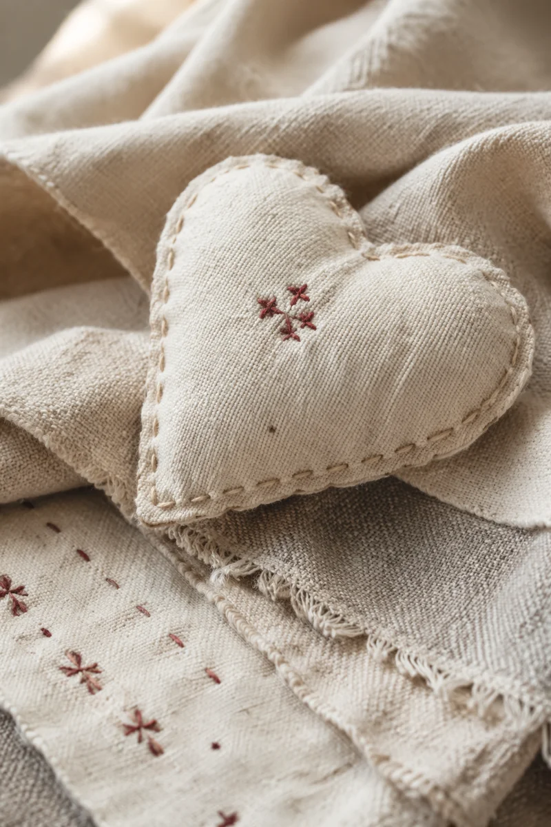 Neutral Cream Linen Heart Textile Background