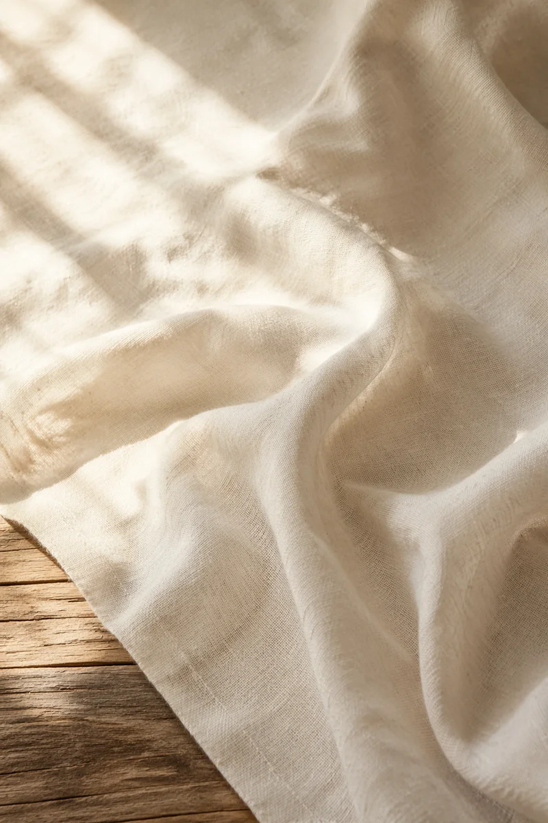 Cream Linen Fabric on Rustic Wood