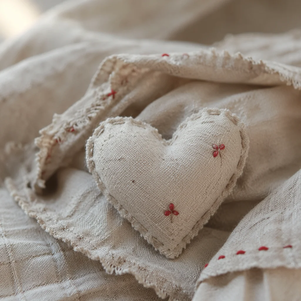 Neutral Cream Linen Heart Fabric Texture