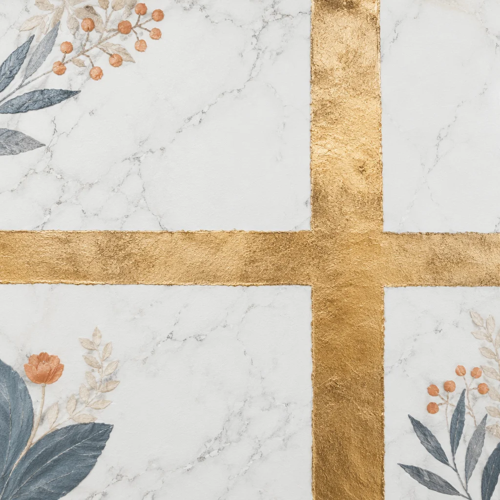 White Marble Background with Gold Cross Accent