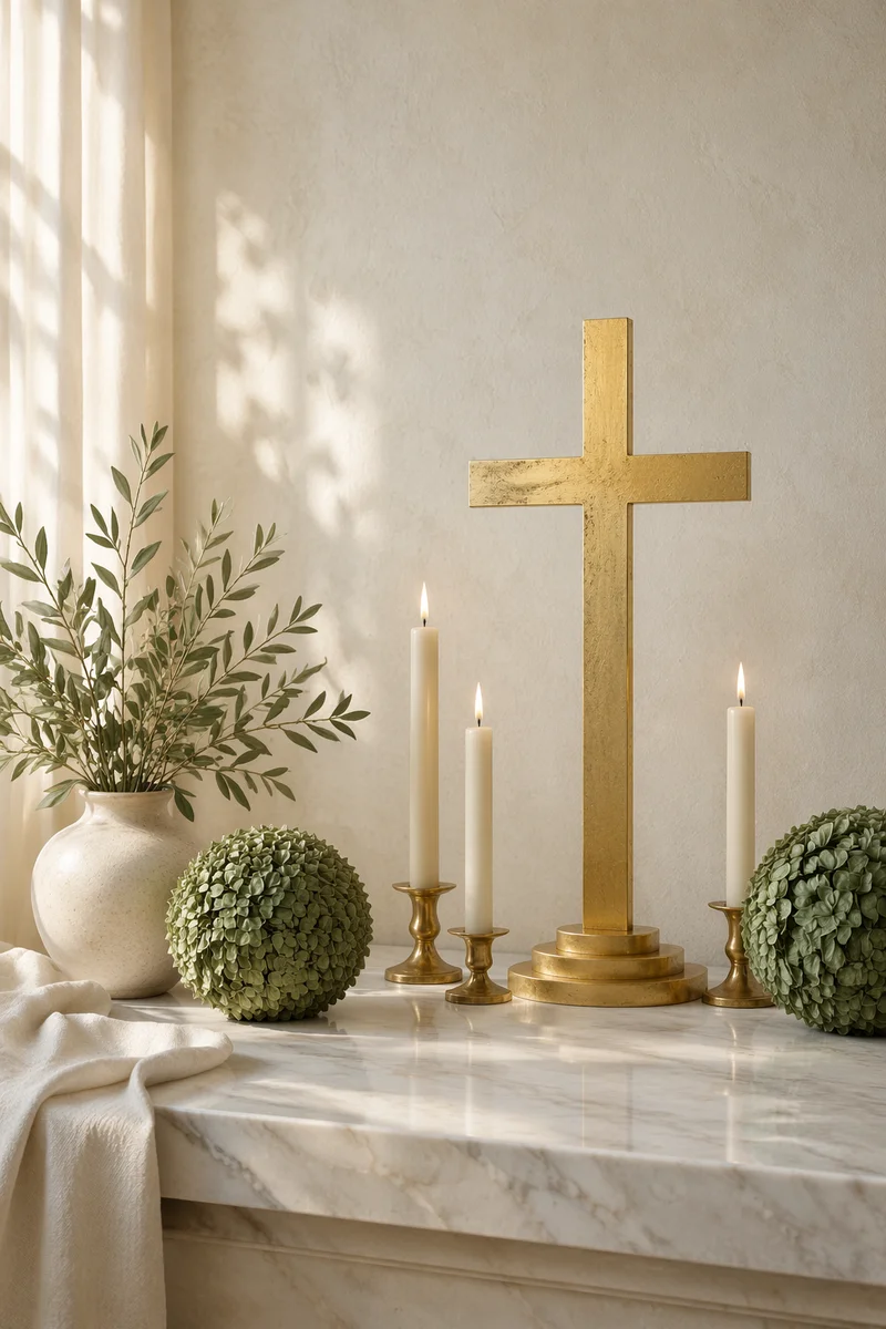 Gold Cross on White Marble Background