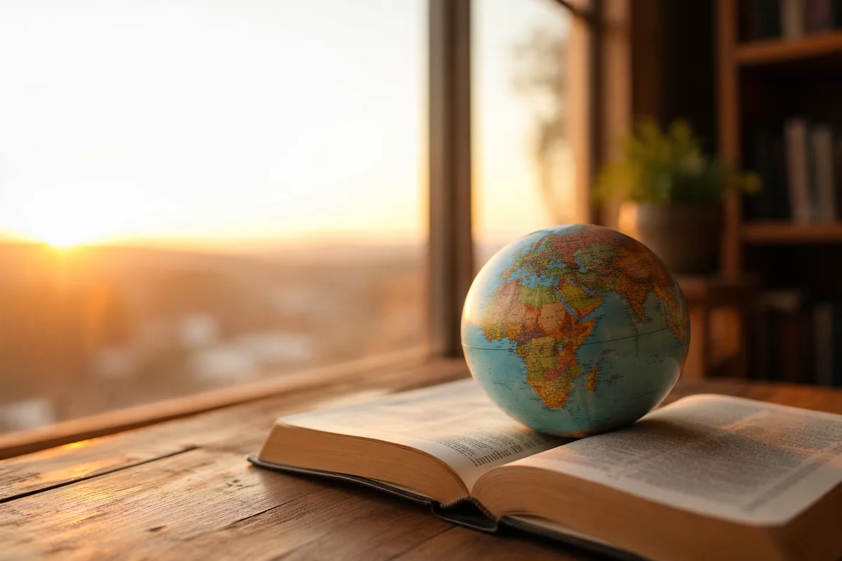 Globe on Open Book at Sunrise