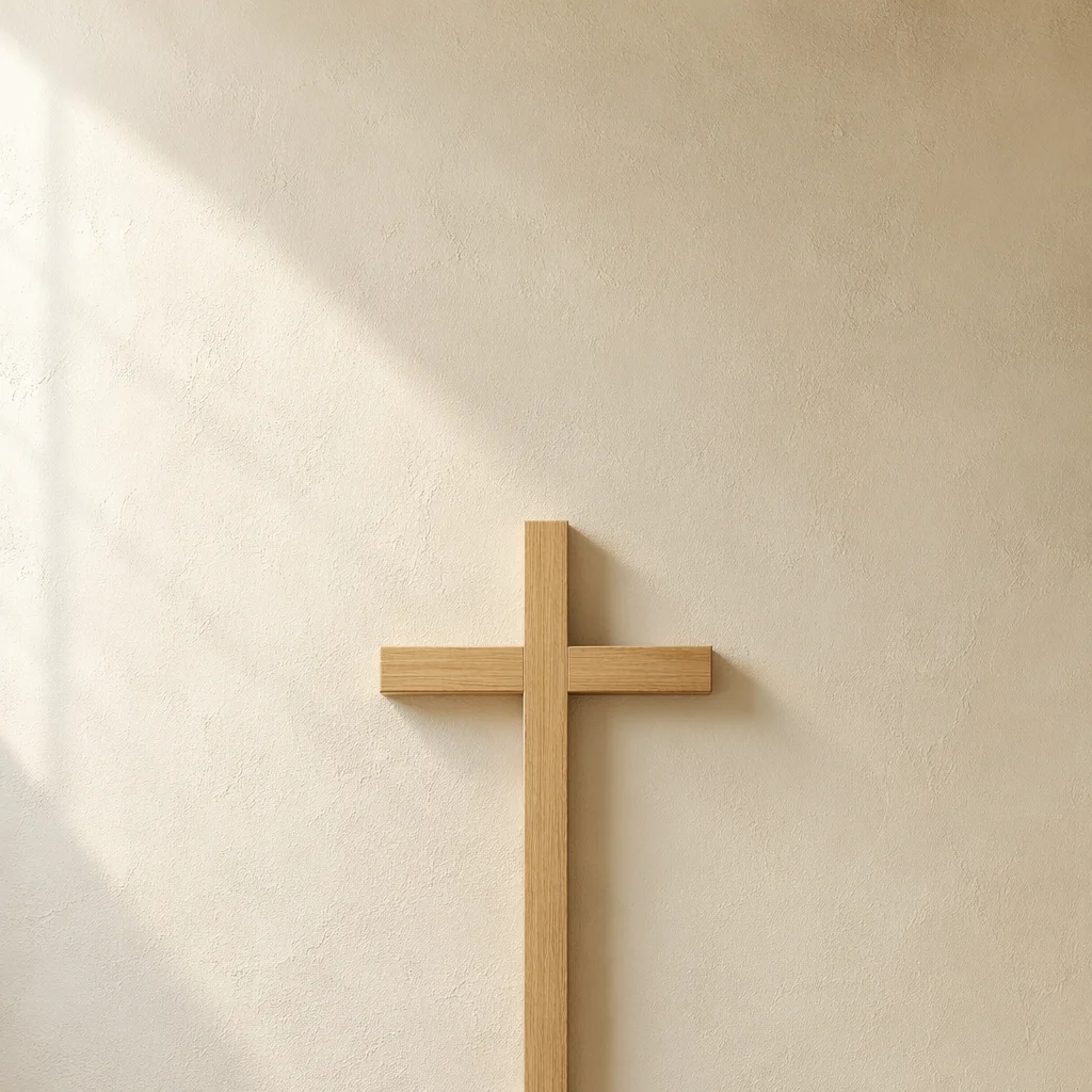 Minimalist Wooden Cross on Warm Plaster