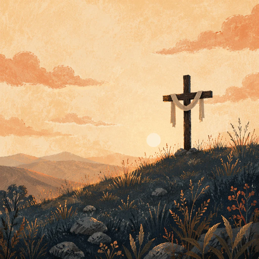 Minimal Wooden Cross on Dawn Hillside