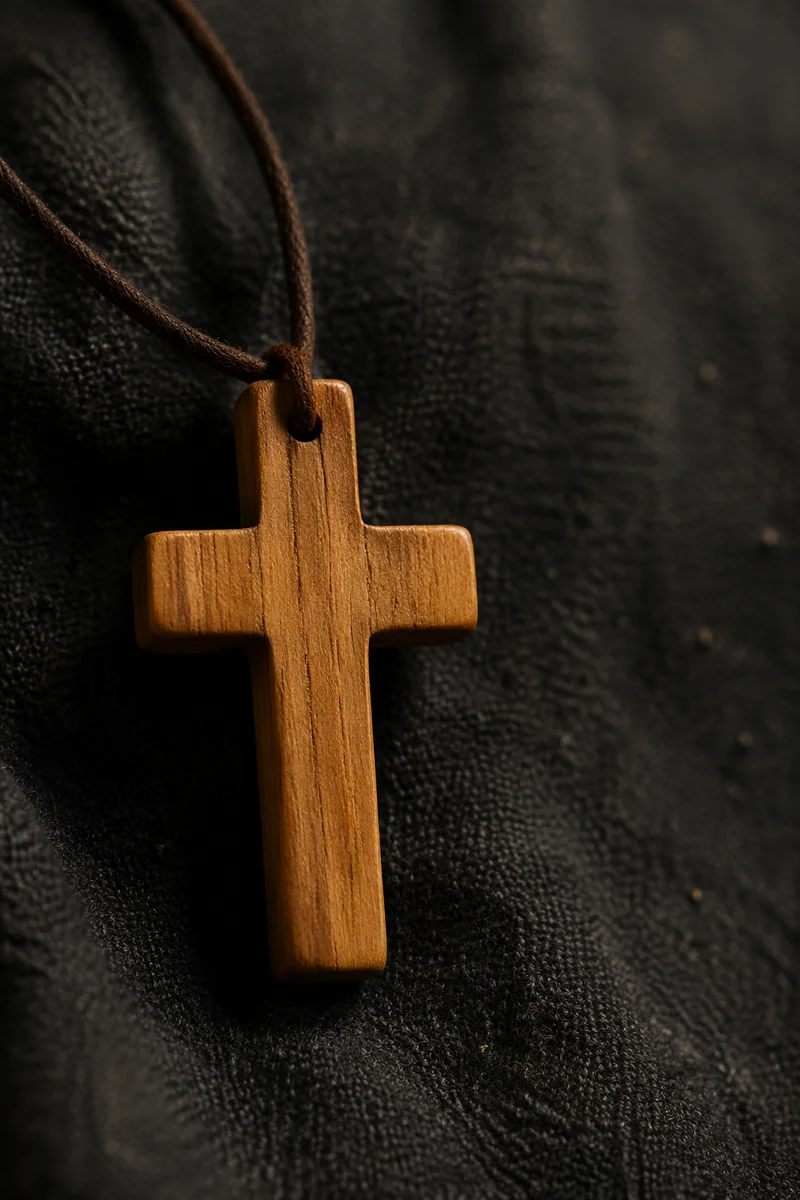 Minimalist Wooden Cross on Charcoal Fabric