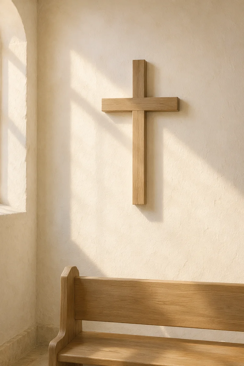 Minimal Wooden Cross on White Chapel Wall
