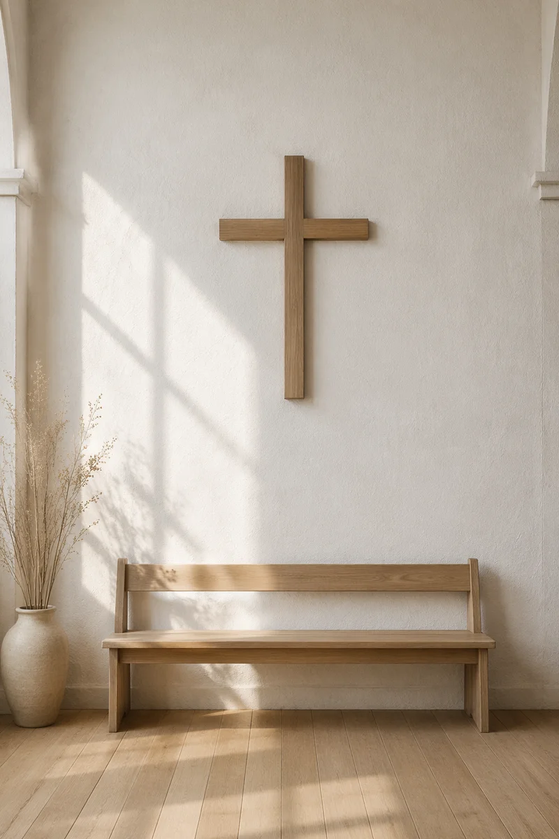 Minimal Wooden Cross in Quiet Chapel