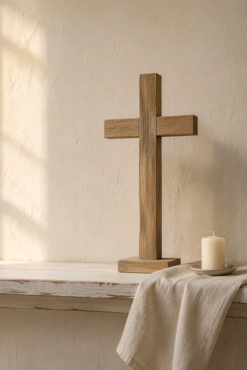 Minimal Wooden Cross on Quiet Church Shelf