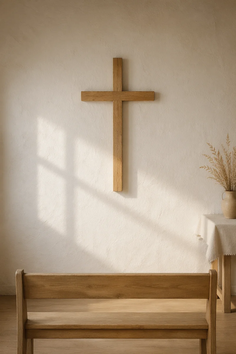 Minimal Wooden Cross on Chapel Wall