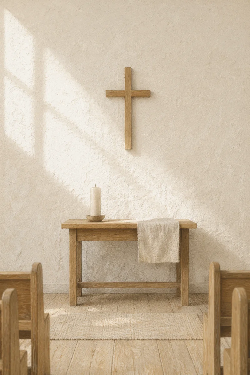 Minimalist Wooden Cross on Chapel Wall