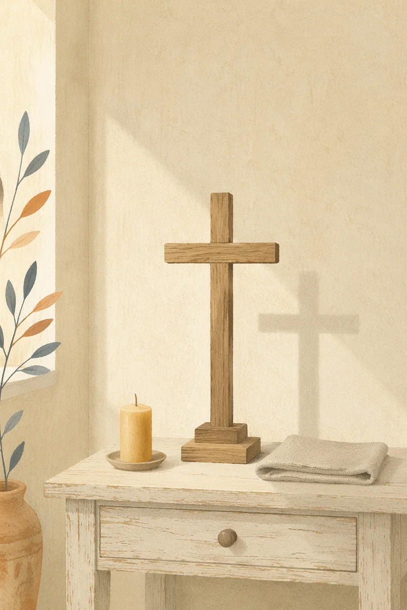 Minimal Wooden Cross on Cream Chapel Wall