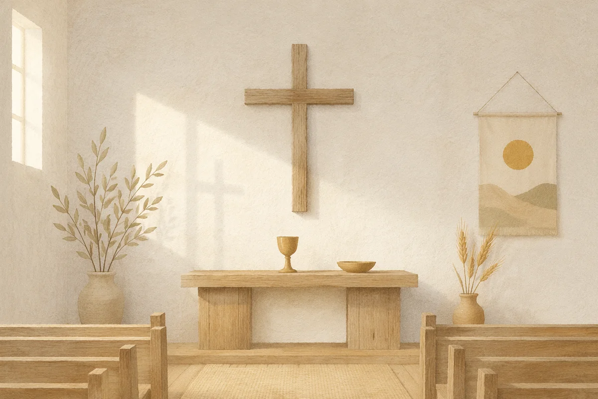 Minimal Wooden Cross in Quiet Chapel