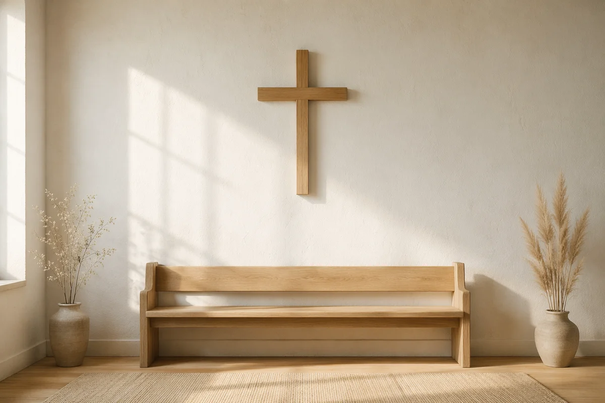 Minimal Wooden Cross in Quiet Chapel