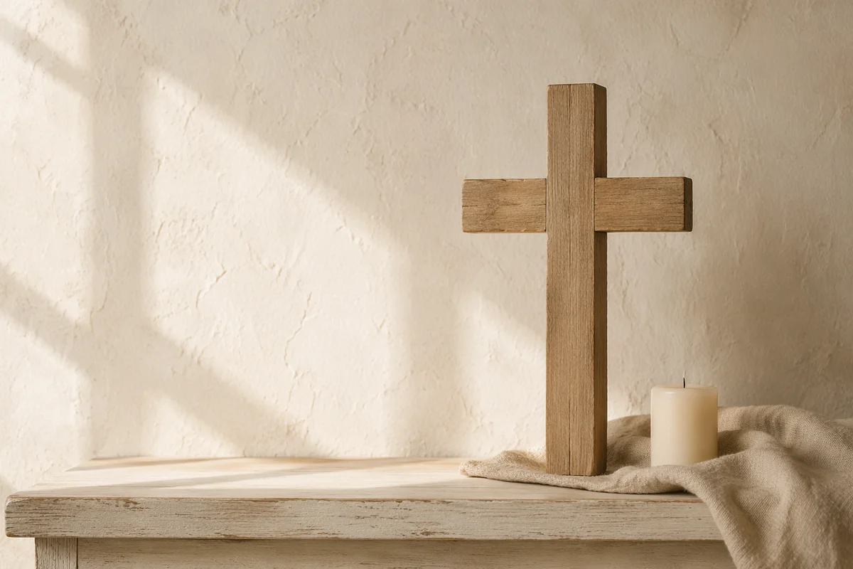 Minimal Wooden Cross on Quiet Church Shelf