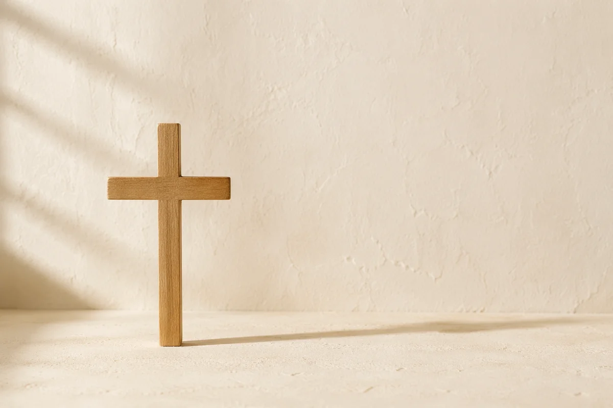 Minimal Wooden Cross on Clean Ivory Background