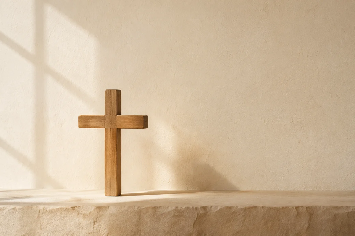 Minimal Wooden Cross on Warm Plaster Background