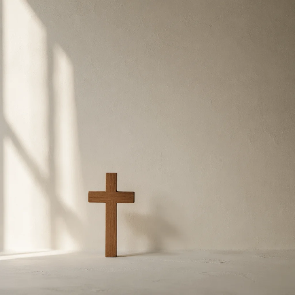 Minimal Wooden Cross on Cream Background