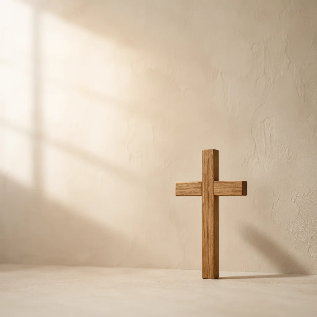 Minimal Wooden Cross on Clean Ivory Background