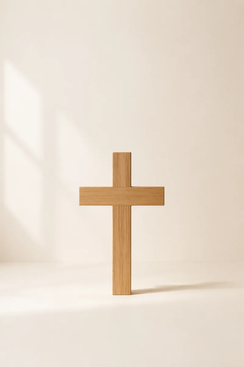 Minimal Wooden Cross on Warm Ivory Background