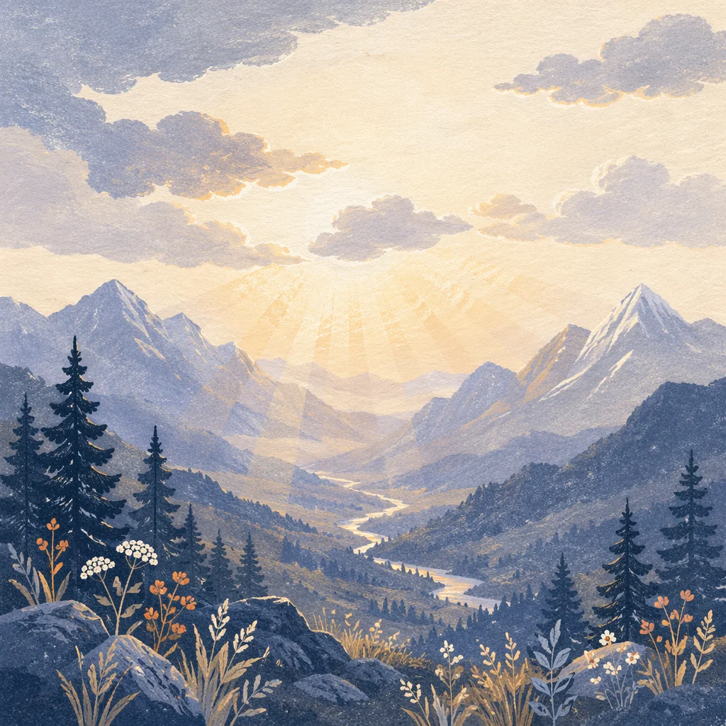 Misty Mountain Valley at Dawn Rays