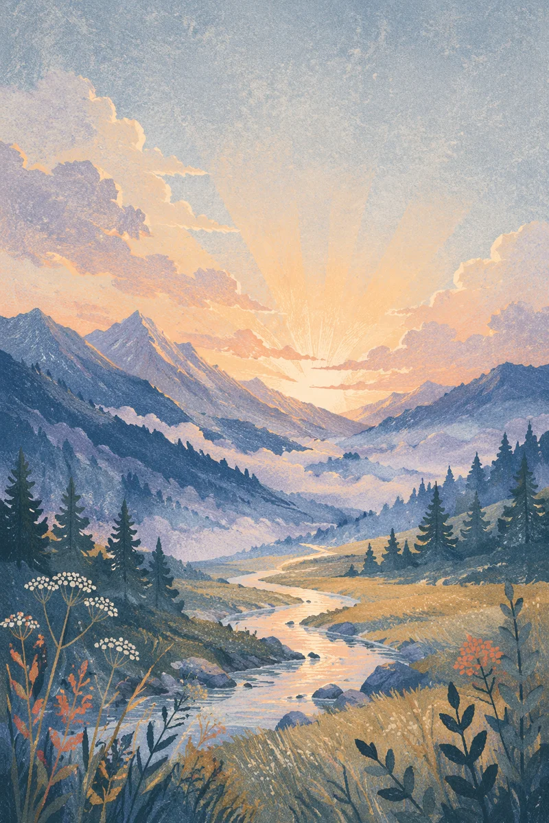 Misty Mountain Valley Dawn Light Rays