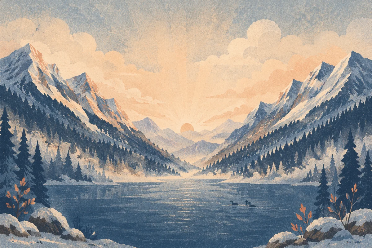 Misty Alpine Valley with Dawn Light Rays