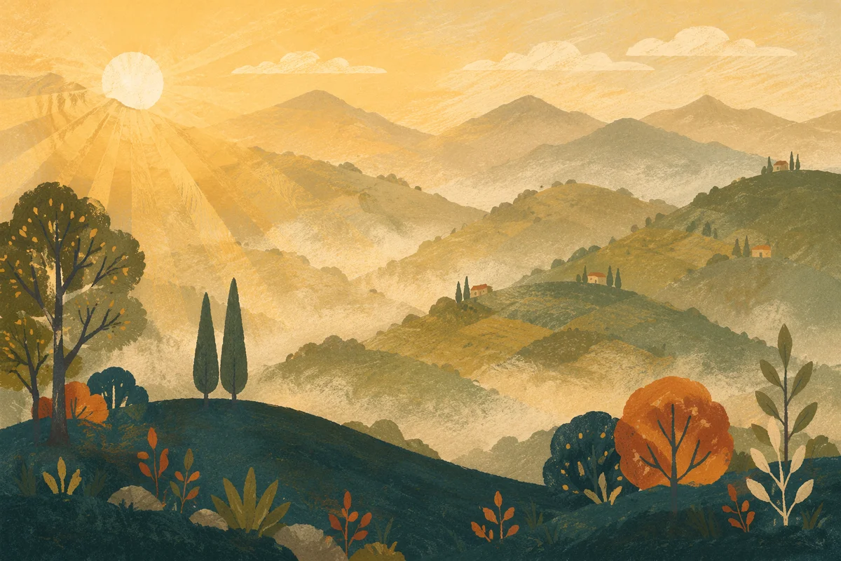 Misty Mountain Valley with Dawn Light Rays