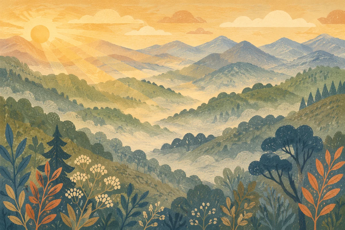 Misty Mountain Valley at Dawn Rays