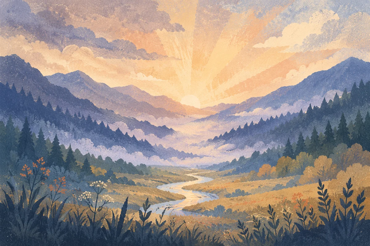 Misty Mountain Valley Dawn Light Rays